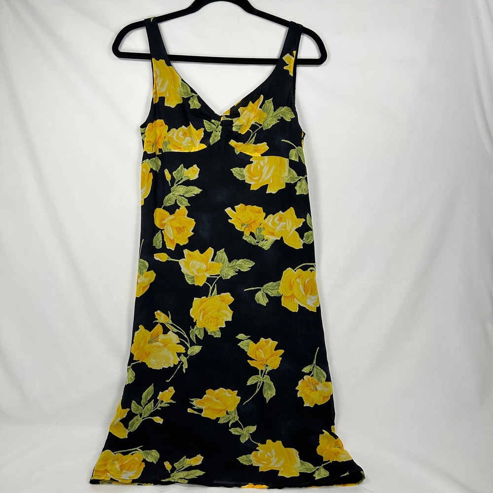 Amorose Vintage Y2K Black Yellow Rose Print Rayon Midi Slip Dress – Size 8